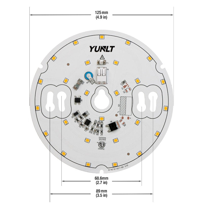 5 inch Round Disc ZEGA LED Module 120V 20W 3000K with dimensions and components shown, DIS 05-020W-935-120-S3-Z1B.