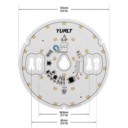 5 inch Round Disc ZEGA LED Module 120V 20W 3000K with dimensions and components shown, DIS 05-020W-935-120-S3-Z1B.