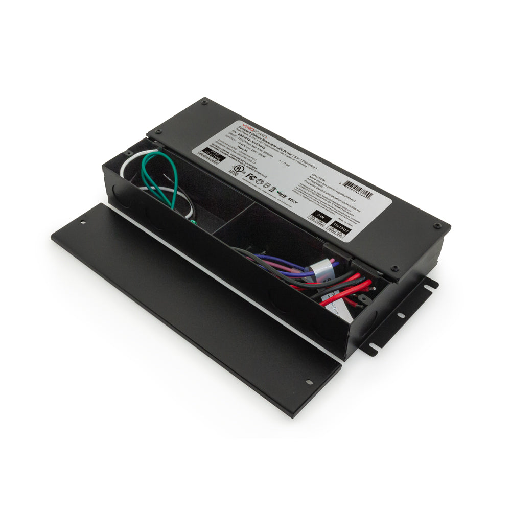 5 in 1 dimming LED driver with multiple wiring options and specifications on the back panel.