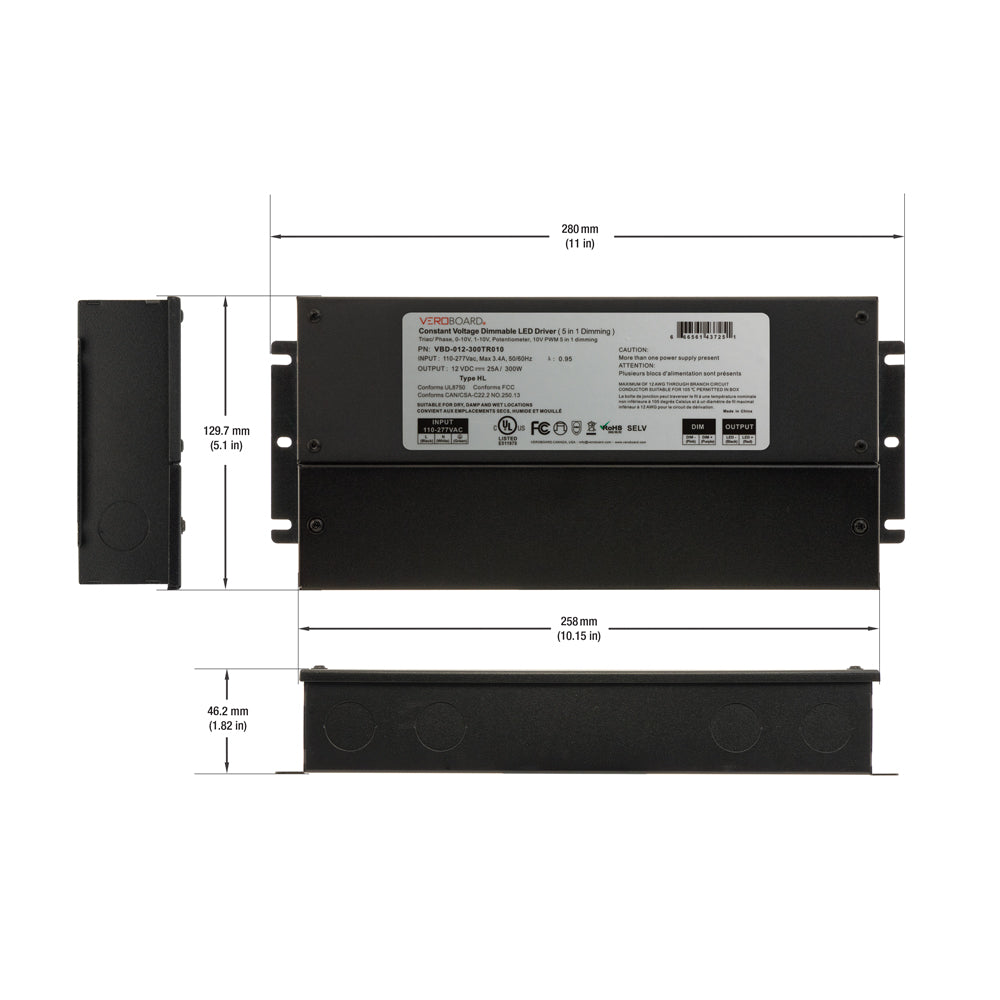 5 in 1 dimming LED driver specifications and dimensions showing 200mm length and 300W capacity.
