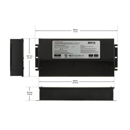 5 in 1 dimming LED driver specifications and dimensions showing 200mm length and 300W capacity.
