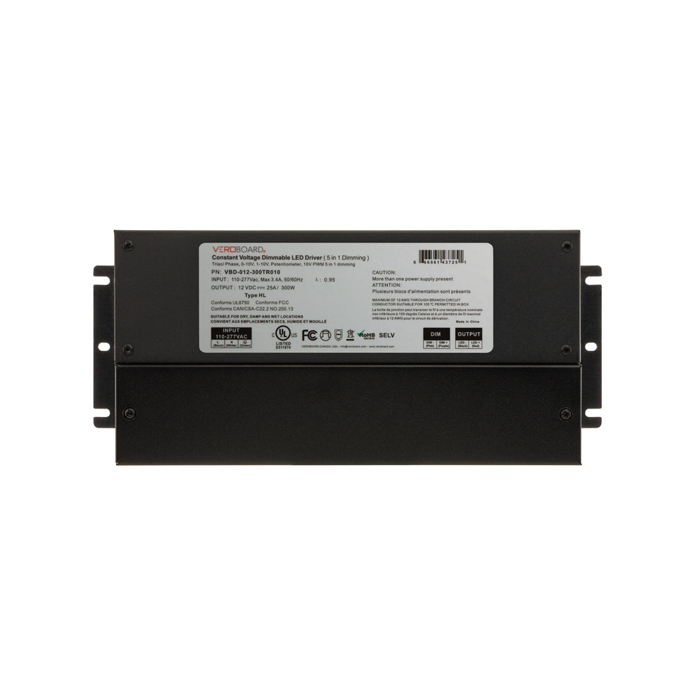 5 in 1 dimming LED driver, black casing with specifications on the label, suitable for 12V 300W applications.