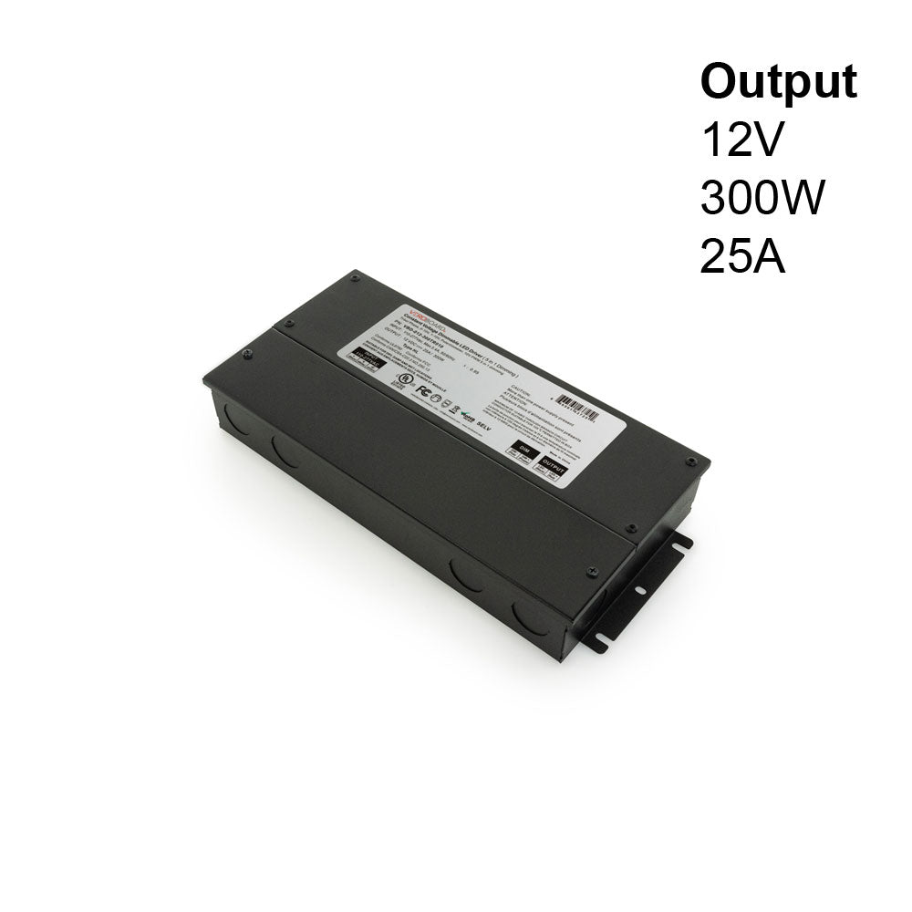 5 in 1 dimming LED driver with 12V output, 300W power, ideal for versatile lighting applications.