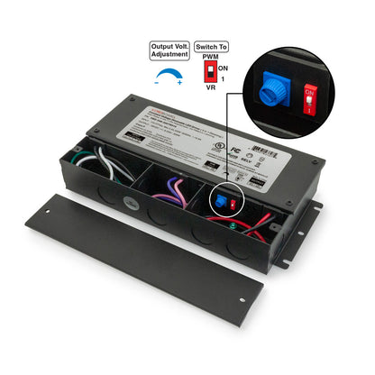 5 in 1 LED driver showing output voltage adjustment and PWM switch on the control panel.