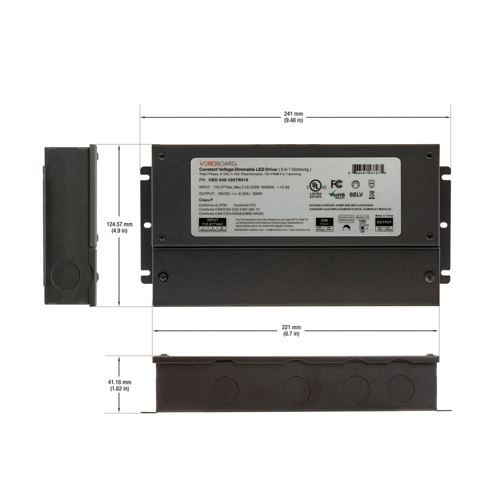 5 in 1 LED driver dimensions and specifications image, showcasing length, width, and features of the product.