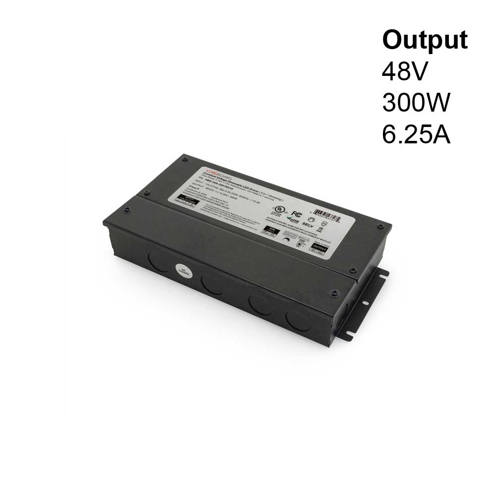 5 in 1 LED driver, 48V output, 300W power, compact design with multiple connection options.