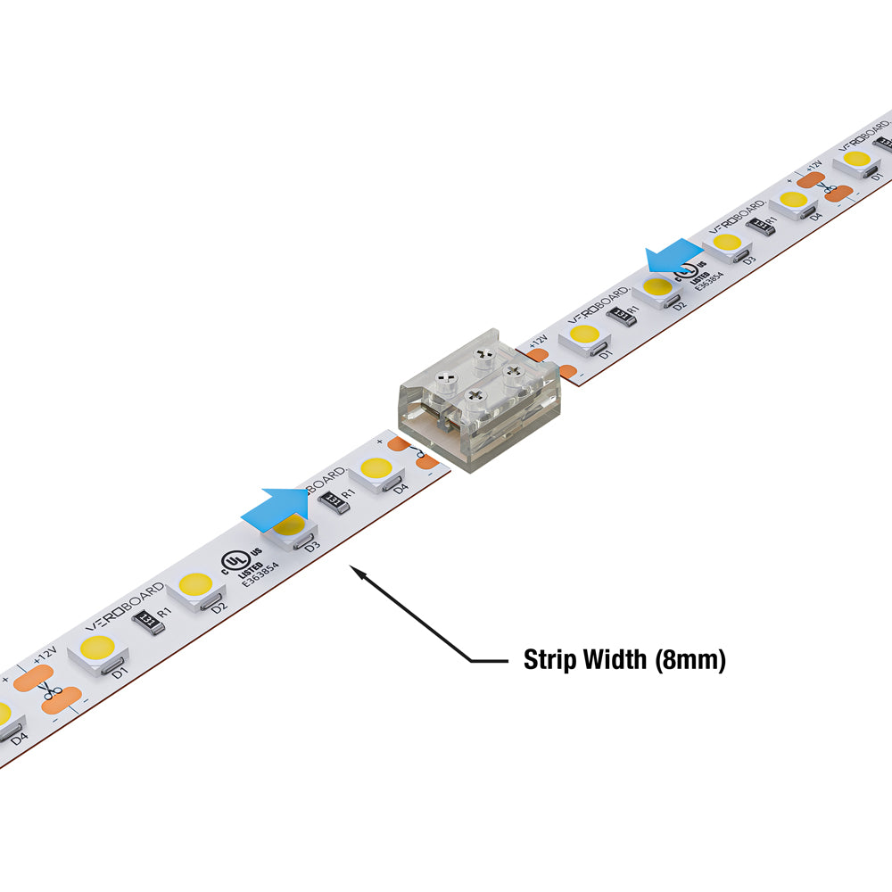 10mm LED Strip to Strip Quick Screw connector shown with strip width indicator on LED strip.