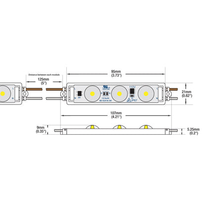 LED backlighting for signs technical specifications diagram, showing dimensions and layout of the 9218 110V 3 LEDs module.