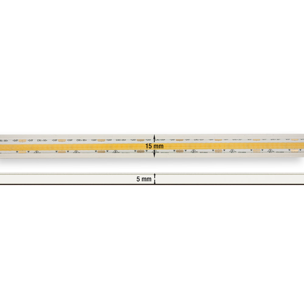 Custom COB outdoor LED strip dimensions showing 15mm width and 5mm depth for flexible installation.