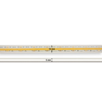 Custom COB outdoor LED strip dimensions showing 15mm width and 5mm depth for flexible installation.
