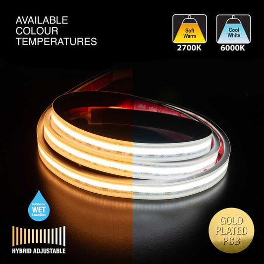 Custom COB outdoor LED strip showing available color temperatures: soft warm 2700K and cool white 6000K.