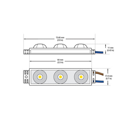 Outdoor Singel LED Module dimensions and specifications, featuring three LED lights and warm white color at 3000K.