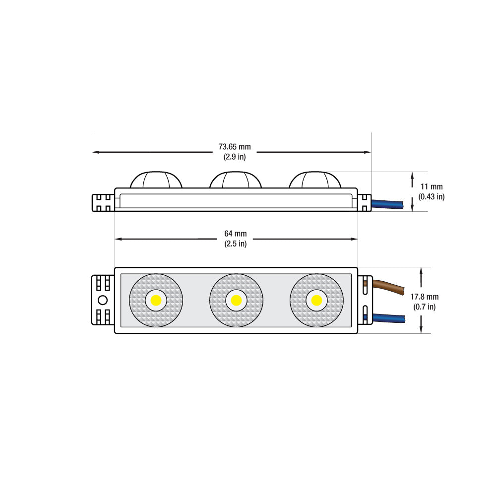 Outdoor Single LED Module dimension diagram with three LED light sources, showing measurements in mm and inches.