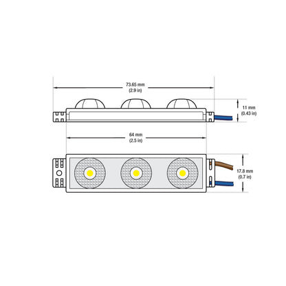 Outdoor Single LED Module dimension diagram with three LED light sources, showing measurements in mm and inches.