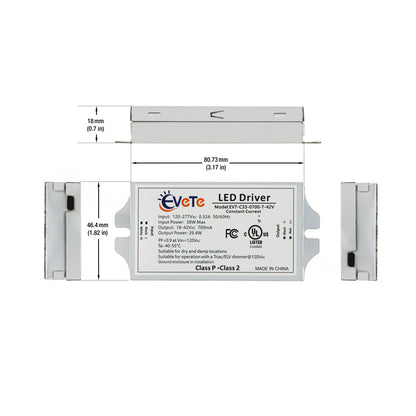 EVT-C33-0700-T-42V Constant Current Triac Dimming LED Driver, 700mA 18-42V 29.4W