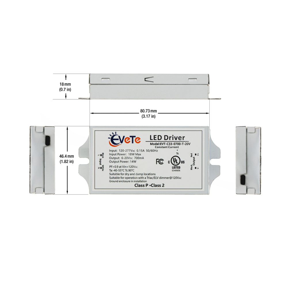 EVT-C33-0700-T-20V Constant Current Triac Dimming LED Driver, 700mA 6-20V 14W