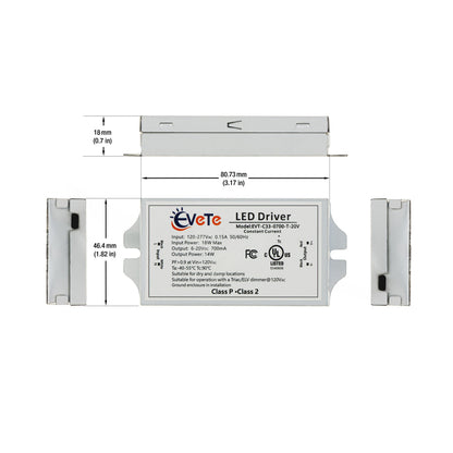 EVT-C33-0700-T-20V Constant Current Triac Dimming LED Driver, 700mA 6-20V 14W