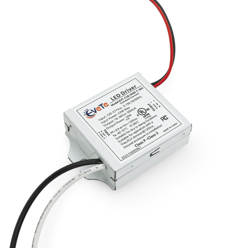 EVT-C18-0500-T-36V triac dimming LED driver 500mA 18-36V 18W with wiring connections.