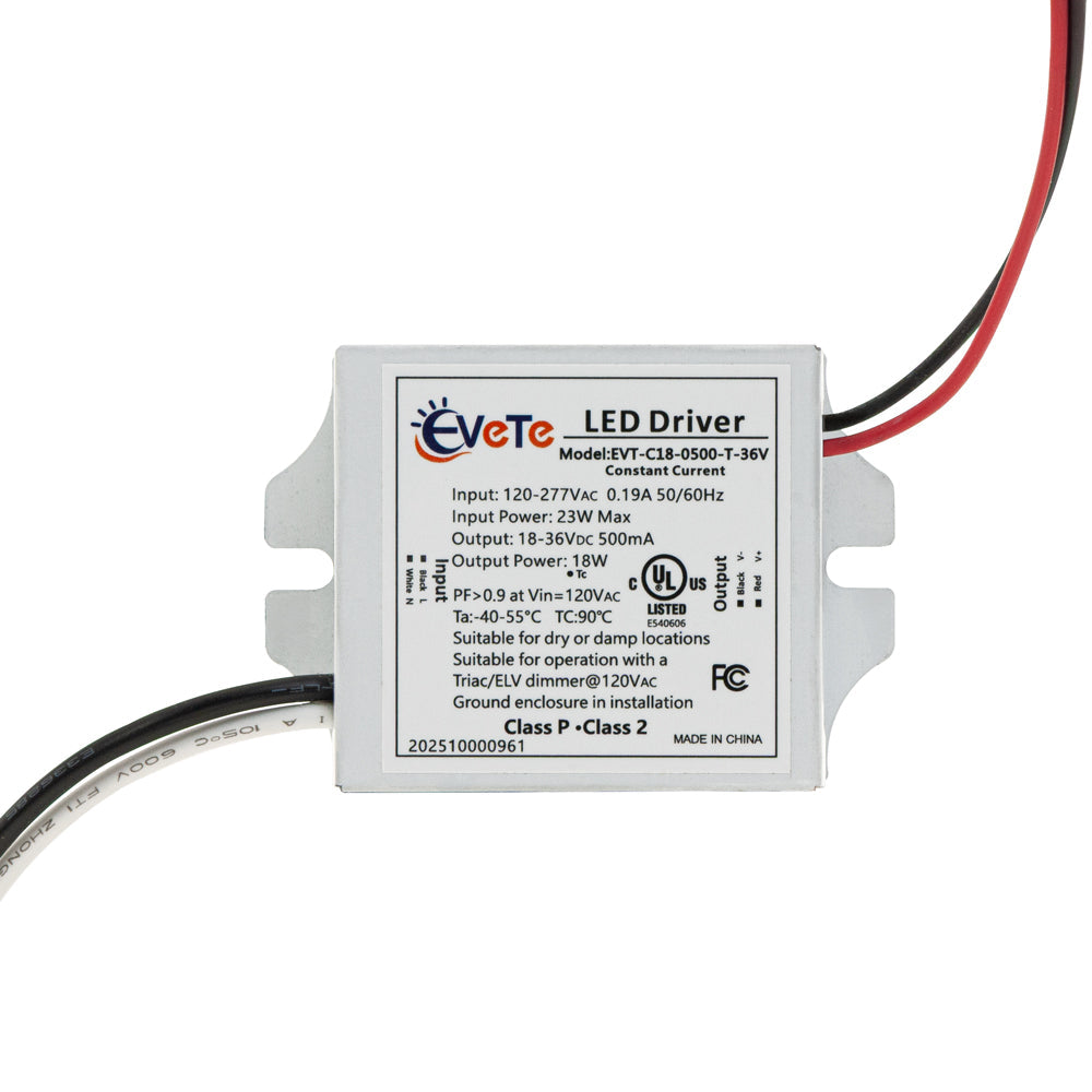 EVT-C18-0500-T-36V constant current triac dimming LED driver 500mA 18-36V 18W with wires.