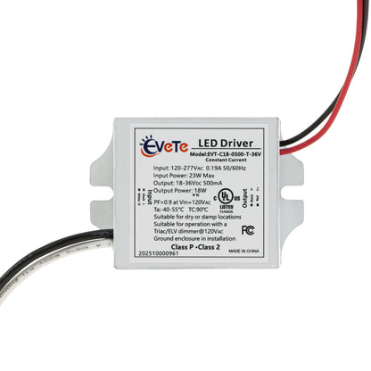 EVT-C18-0500-T-36V constant current triac dimming LED driver 500mA 18-36V 18W with wires.