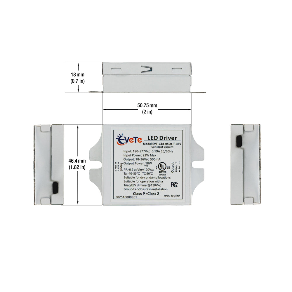 EVT-C18-0500-T-36V triac dimming LED driver 500mA 18-36V 18W dimensions with specifications shown.