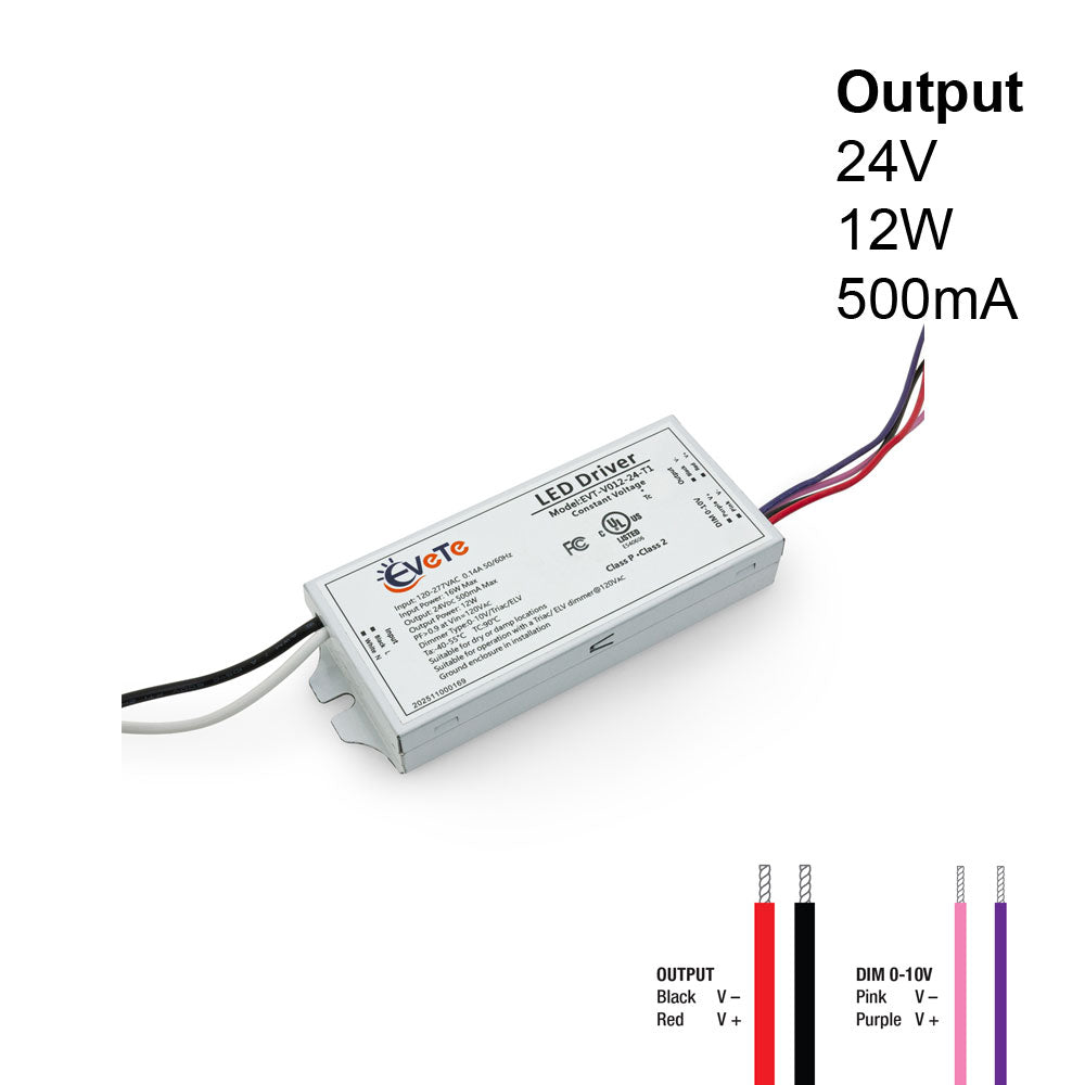 0-10V/Triac/ELV Dimmable Constant Voltage LED Driver 24V 500mA 12W, EVT-V012-24-T1