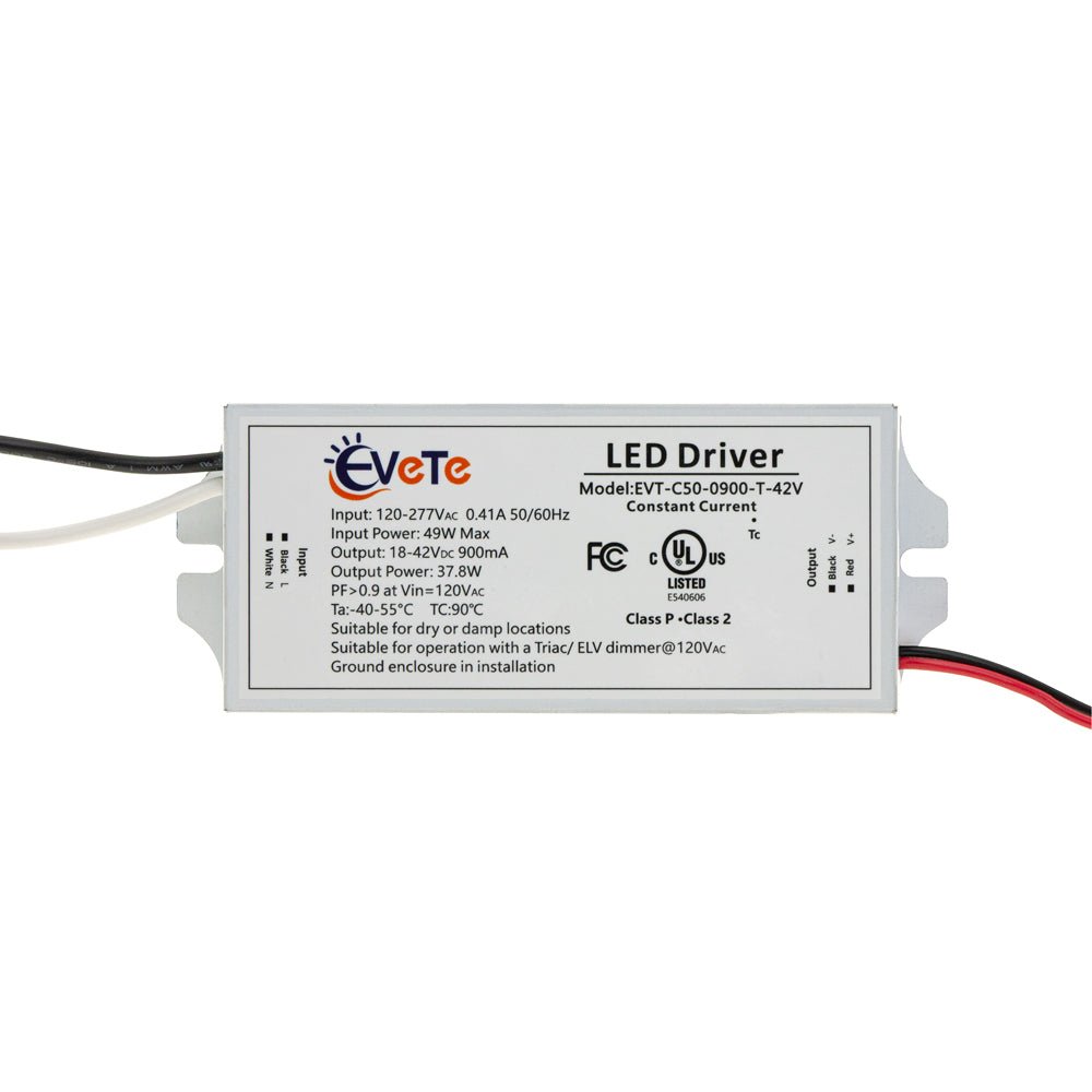 EVT-C50-0900-T-42V constant current LED driver 900mA with specifications for indoor use and dimming capabilities.