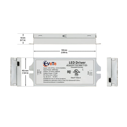 Constant current LED driver 900mA dimensions, input and output specifications, model EVT-C50-0900-T-42V.