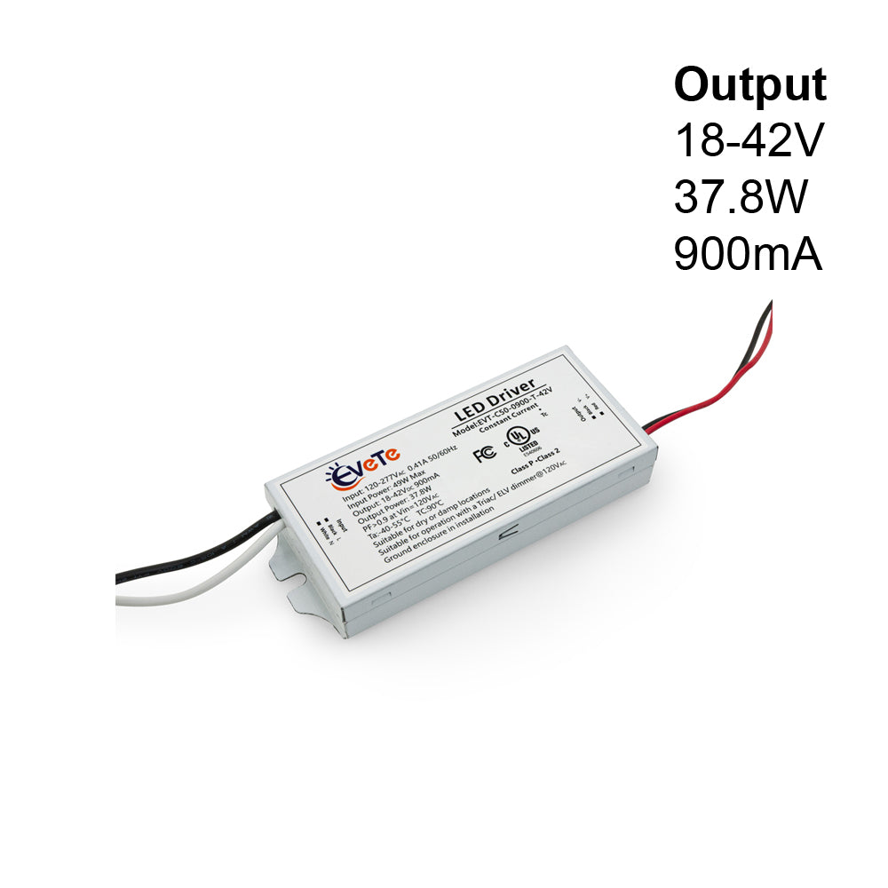 EVT-C50-0900-T-42V constant current LED driver 900mA with output voltage 18-42V and power 37.8W.