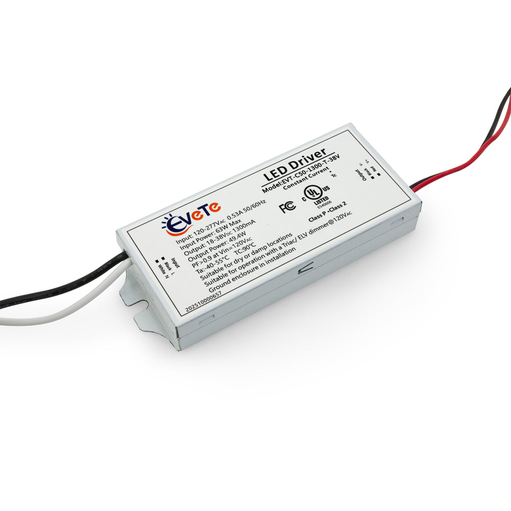 EVT-C50-1300-T-38V constant current LED driver 1300mA with input voltage specifications and wiring connections.