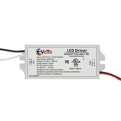 EVT-C50-1300-T-38V constant current LED driver 1300mA with input and output specifications.