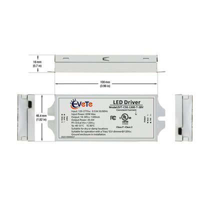 EVT-C50-1300-T-38V Constant Current LED Driver 1300mA dimensions and specifications for efficient lighting.