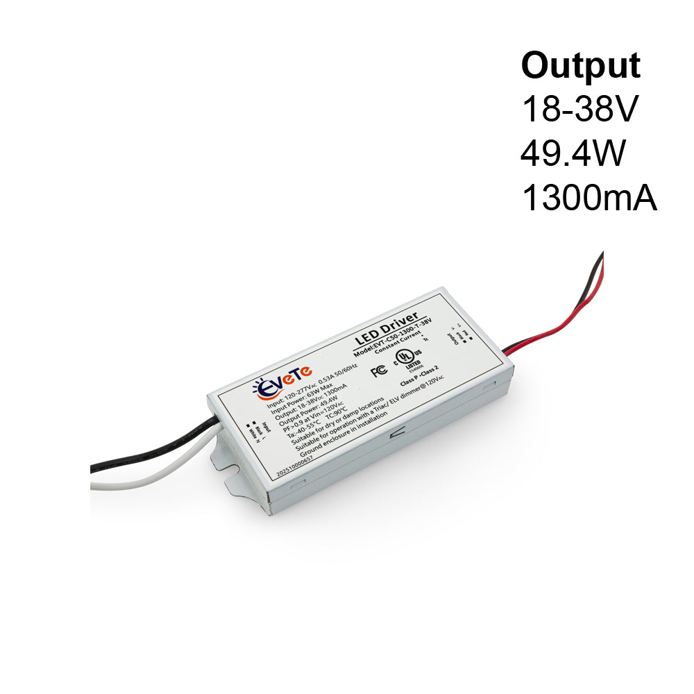 Constant current LED driver 1300mA, output voltage 18-38V, power 49.4W, designed for reliable LED lighting.