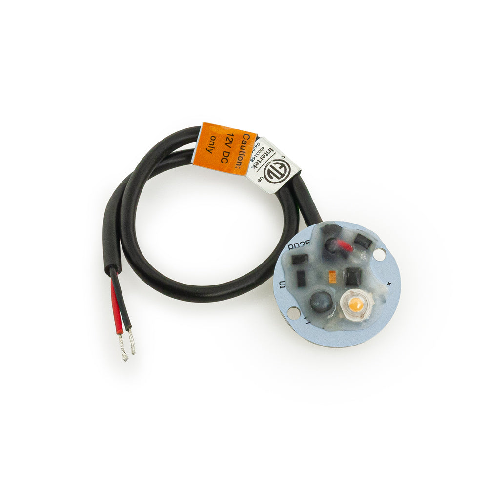 12V round PCB dimmable constant voltage LED module with wires and thermal grease, 3W 3000K warm white.