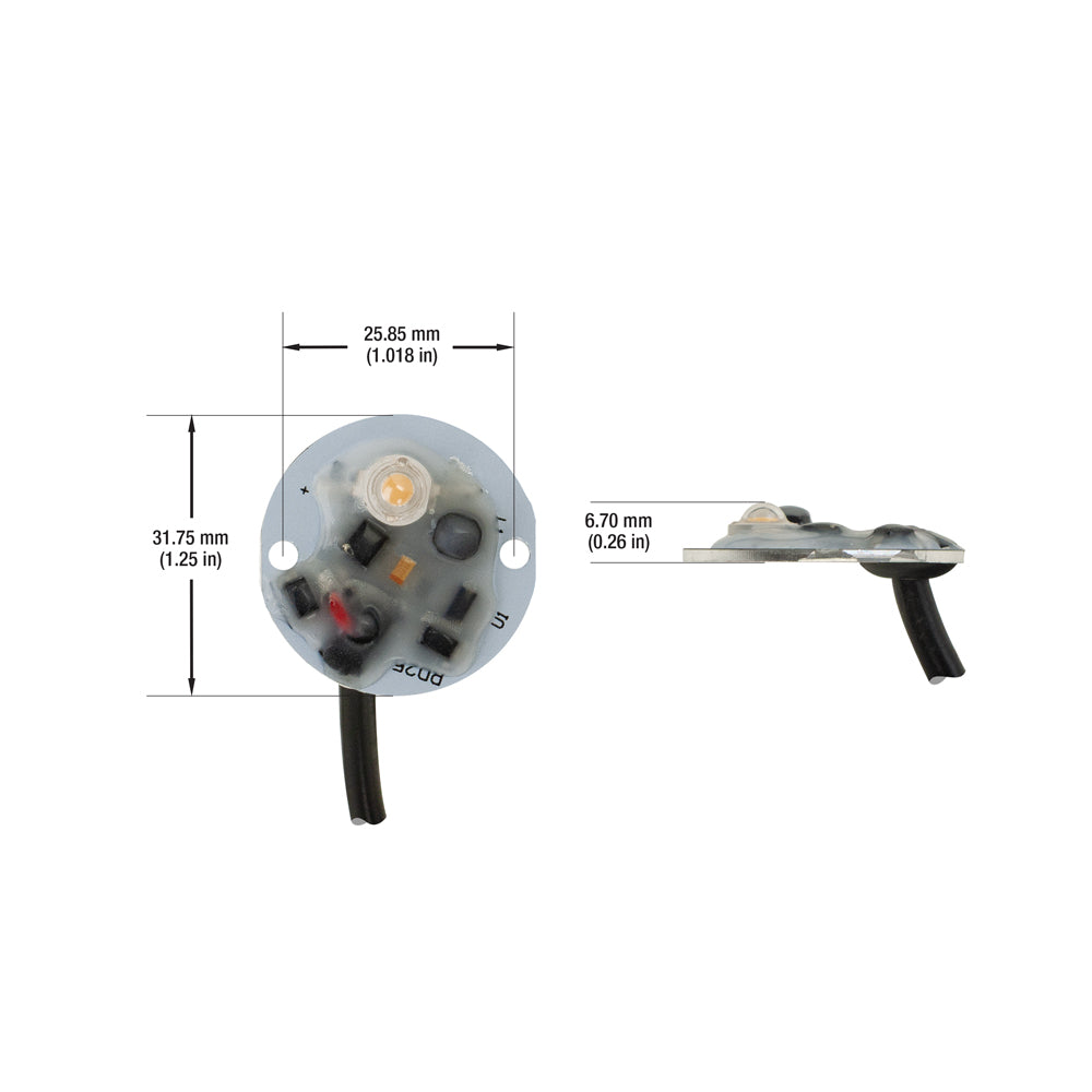 12V round PCB dimmable constant voltage LED module 3W 3000K dimension details and wiring, perfect for lighting solutions.