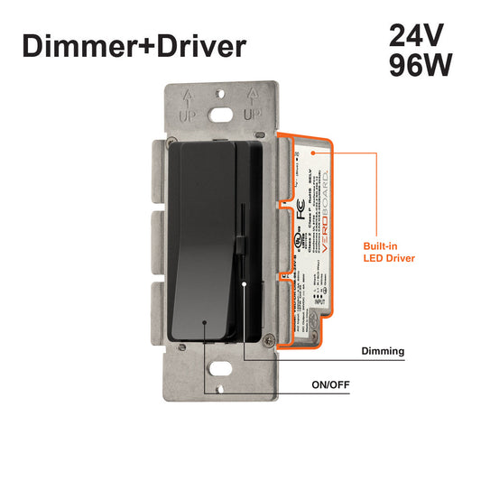 LED Driver - Black Single Gang Dimmer+Driver 2in1 96W 24V class2. Single pole/ 3Way, VBD-DR-DIM-96-24V-B, 120V, 4A, IP20