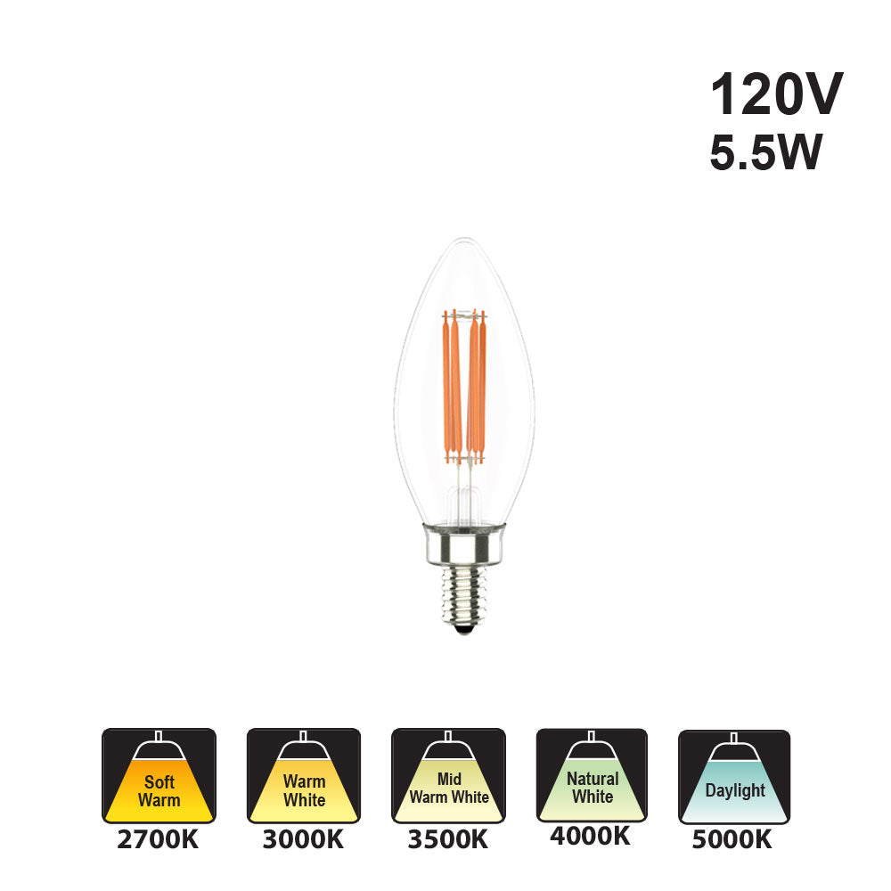 Votatec Candle Filament LED VO-FCAW5.5-120 120V 5.5W CCT(2.7K, 3K, 4K, 5K, 6K)