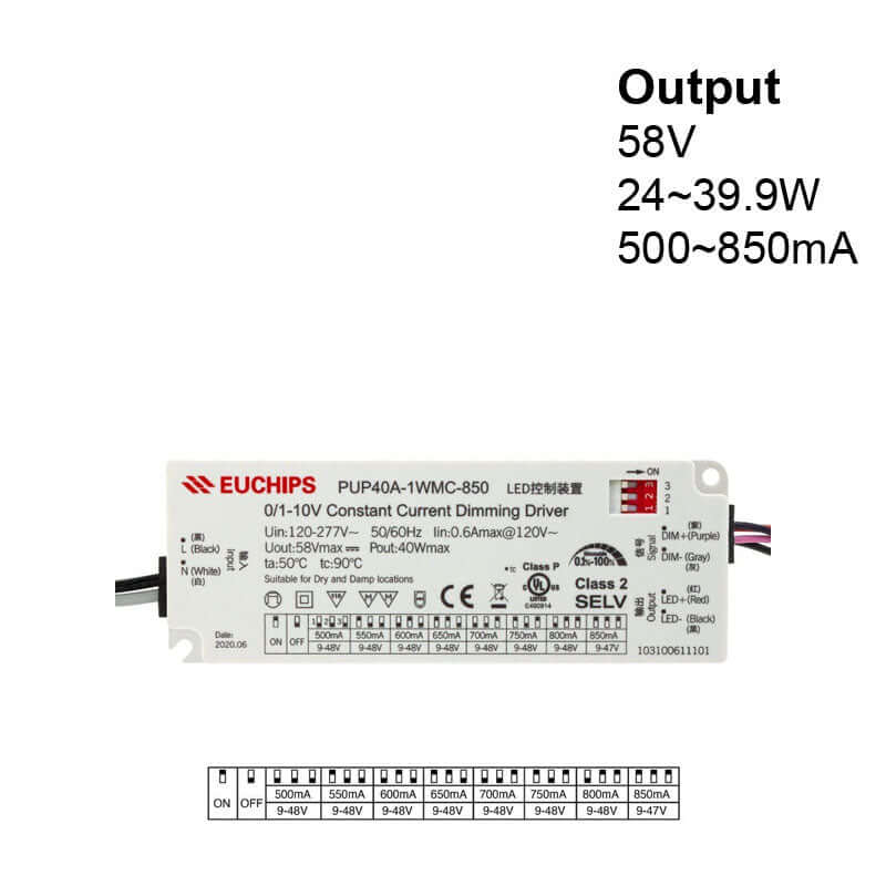40W 0-10V Dimmable LED Driver PUP40A-1WMC-850