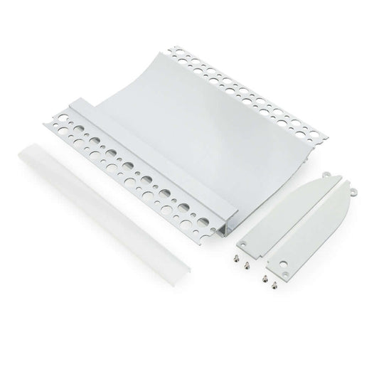 Plaster cove linear LED aluminum channel kit components: aluminum channel, frosted diffuser, endcaps.