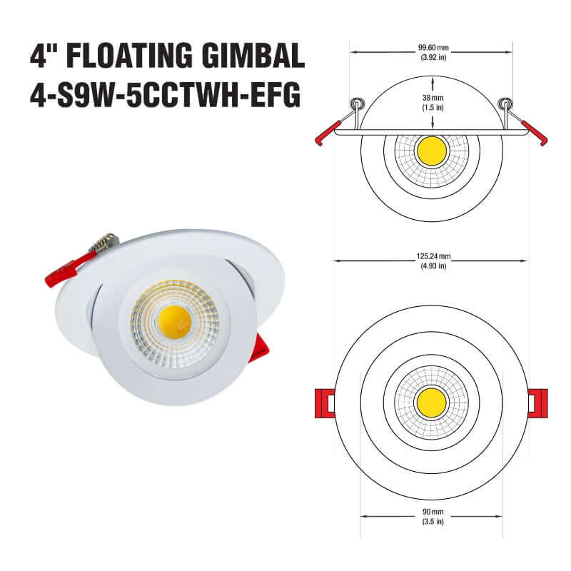 4 inch Floating Gimbal Recessed LED Downlight / Ceiling Light LED-4-S9W-1224V-5CCTWH-EFG, 12-24V 9W 5CCT, gekpower