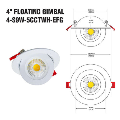4 inch Floating Gimbal Recessed LED Downlight / Ceiling Light LED-4-S9W-1224V-5CCTWH-EFG, 12-24V 9W 5CCT, gekpower