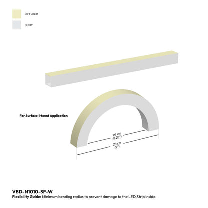 White Silicone Flexible LED Neon channel VBD-N1010-SF-W, per foot(30.5cm) SURFACE Mount