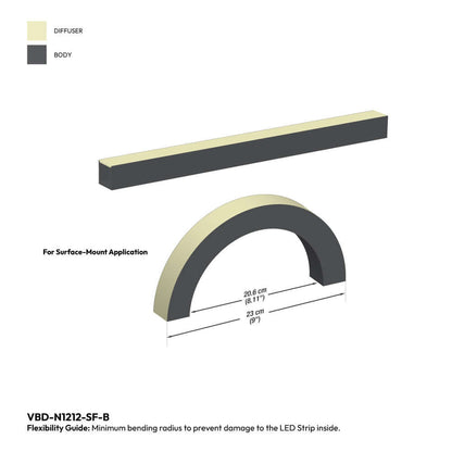 Black Silicone Flexible LED Neon channel VBD-N1212-SF-B, per foot(30.5cm) SURFACE Mount