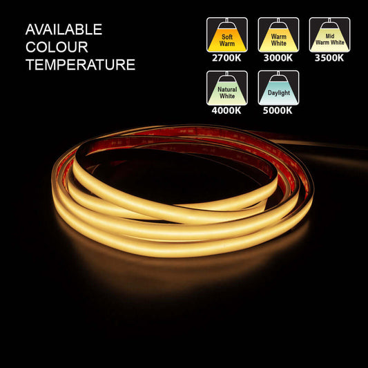 Custom cut Outdoor COB LED Strip Light, 24V 2(w/ft) 155(Lm/ft) CCT(2.7K, 3K, 3.5K, 4K, 5K) per foot, gekpower