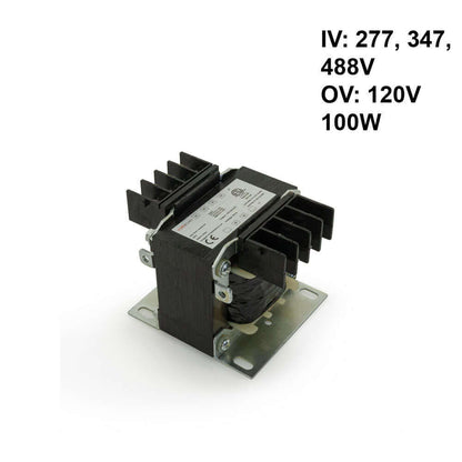 Step-Down Transformer 277V, 347V, 488V to 120V output, 100W, ideal for commercial and industrial applications.