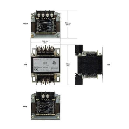 Step-down transformer dimensions and angles: front, top, side, and back, showing wiring details and specifications.