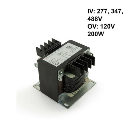 Step-Down Transformer converts 277V, 347V, 488V to 120V, 200W, suitable for industrial and commercial use.