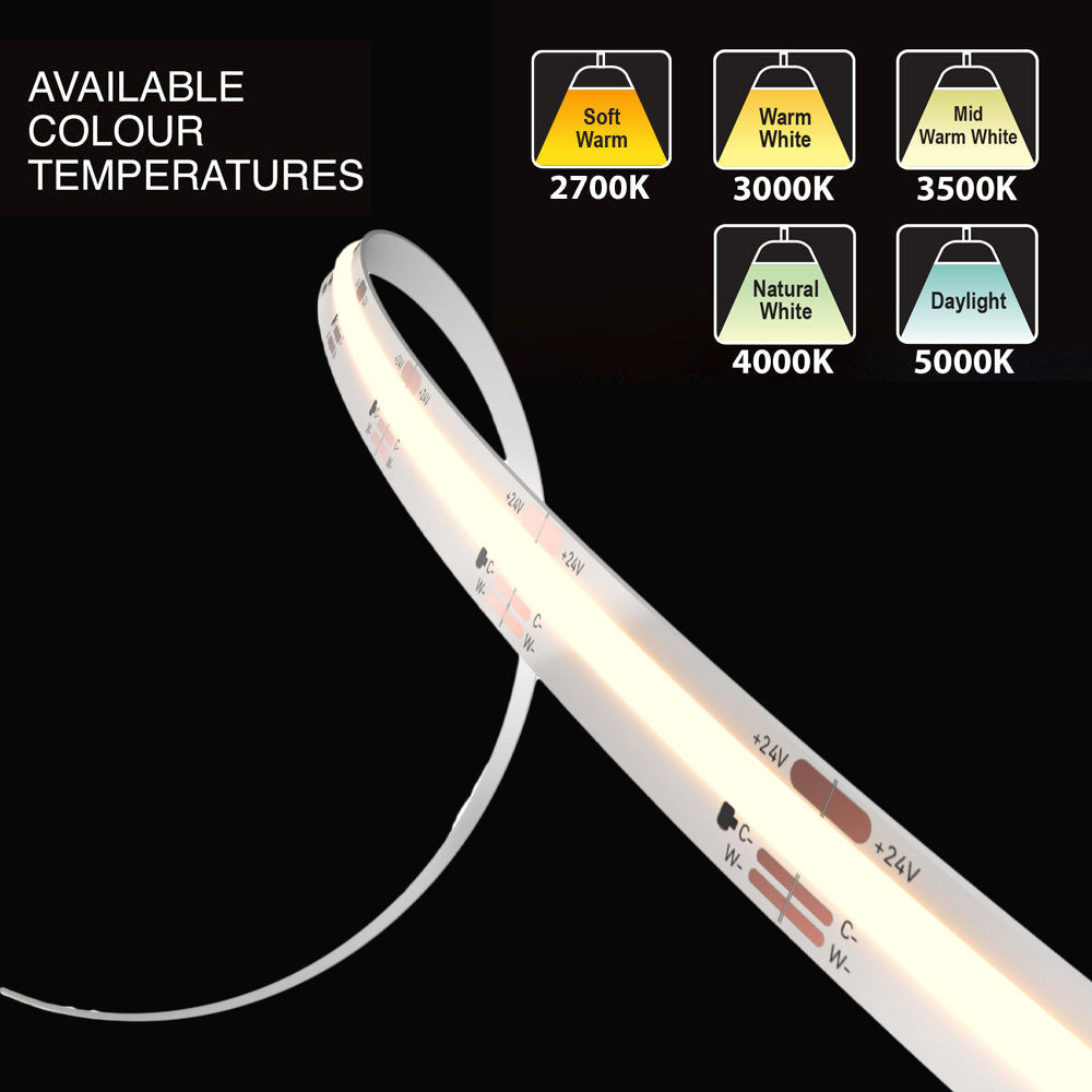 Dals 3M(10ft) Indoor LED Strip COB 24V 18W 1590Lm CCT(2.7K, 3K, 3.5K, 4K, 5K)