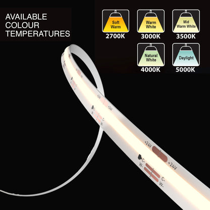 Dals 3M(10ft) Indoor LED Strip COB 24V 18W 1590Lm CCT(2.7K, 3K, 3.5K, 4K, 5K)