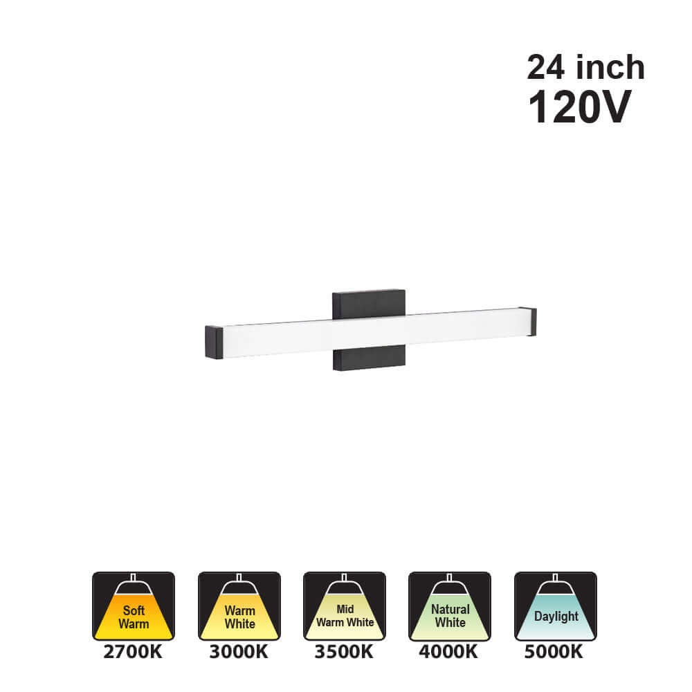 Votatec Square Bath Vanity WS24-014-xx, 24W 2700K/ 3000K/ 3500K/ 4000K/ 5000K ADJ 120V Black/ Brushed Brass/ Brushed Nickel